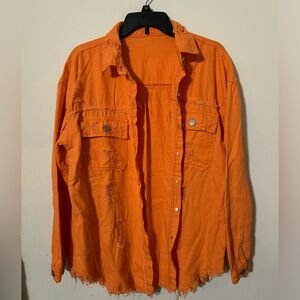 Vibrant Orange Oversized Ripped Long Sleeve Jacket